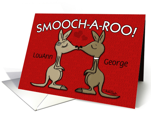 Customized Names Happy Anniversary for Couple Kissing Kangaroos card