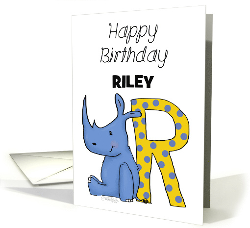 Customized Name Happy Birthday for Riley Rhino with Letter R card