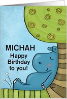 Customized Name Happy Birthday for Michah Hippo Sleeps Under Tree card
