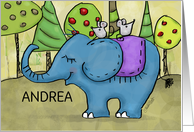 Happy Birthday Name Specific Andrea Elephant with Little Mice on Back card