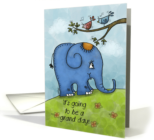 Happy Birthday Elephant Walks Uphill Birds Sing on a Branch card