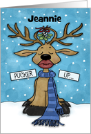 Customized Name Merry Christmas Reindeer Under Mistletoe Pucker Up card