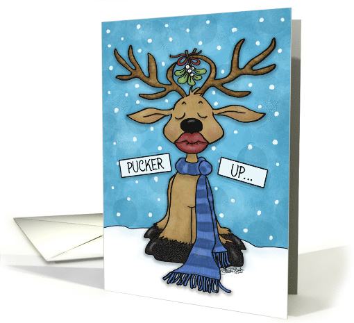 Merry Christmas Kissy Face Reindeer Under Mistletoe Pucker Up card