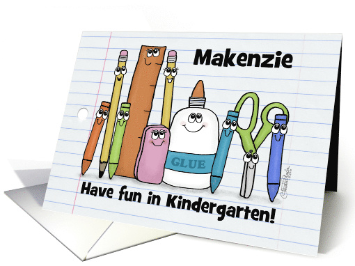 Customizable Back to School Kindergarten School Supply Characters card