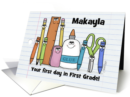 Customizable First Day in First Grade School Supply Characters card