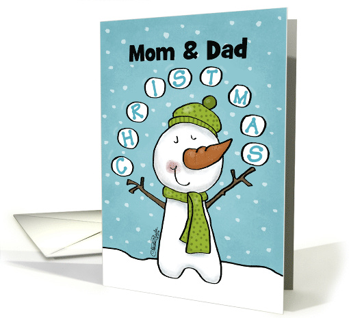 Customizable Merry Christmas Mom Dad Snowman Juggles Snowballs card