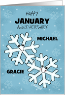 Customizable Happy January Anniversary Snowflake Character Couple card
