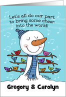 Customizable Names Gregory Carolyn Happy New Year Snowman with Birds card