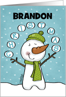 Customizable Name Merry Christmas Brandon Snowman Juggles Snowballs card