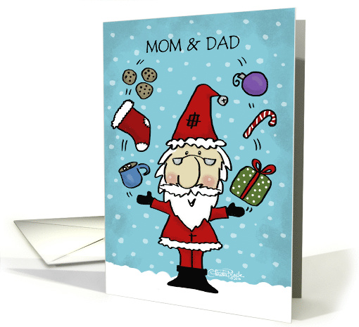 Customizable Merry Christmas for Mom and Dad Juggling Santa Claus card