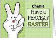 Customizable Name Happy Easter for Charlie Peace Sign Bunny Face card