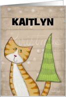 Customized Name Merry Christmas for Kaitlyn Cat with Tree Tail card