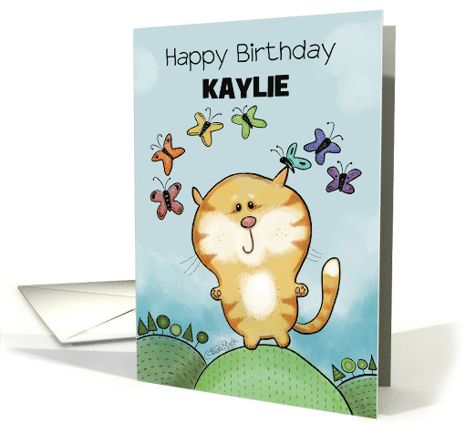 Customized Birthday for Kaylie Cat and Rainbow of Butterflies card