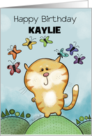 Customized Birthday for Kaylie Cat and Rainbow of Butterflies card