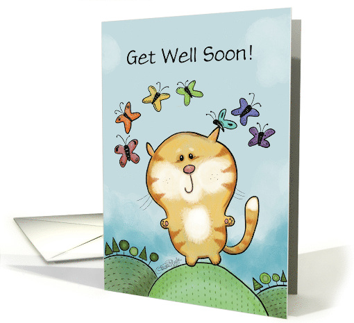 Customized Get Well Soon Cat and Rainbow of Butterflies card (1493260)