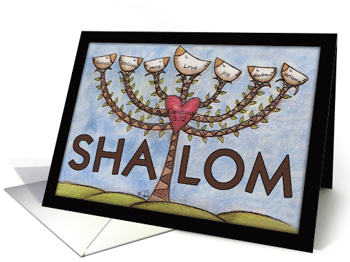 Shabbat Shalom Doves on Menorah Shaped Tree Fruits of the Spirit card