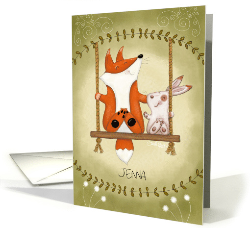 Customized Birthday for Jenna Fox and Bunny on Tree Swing card