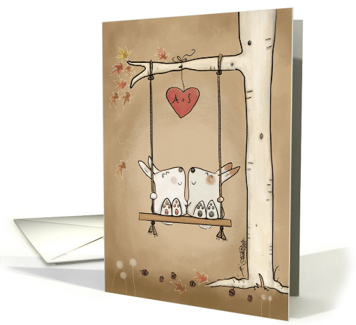 Customized Initials Anniversary Two Bunnies on a Tree Swing card