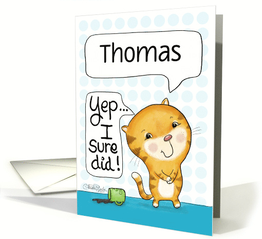 Customized Name Happy Birthday for Thomas Cat Spills Coffee card