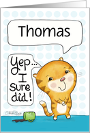 Customized Name Happy Birthday for Thomas Cat Spills Coffee card