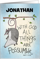 Customized Name Birthday Opossum Hangs from Tree All Things Possible card