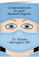 Personalized Congrats on Medical Degree Blue Eyed Female Face Mask card