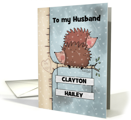 Personalized Names Anniversary to Husband Hedgehogs in Tree card