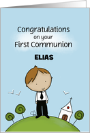 Customizable Name First Communion for Elias Little Boy with Church card