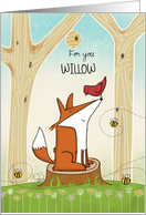 Customizable Name Happy Birthday for Willow Fox and Red Bird in Forest card