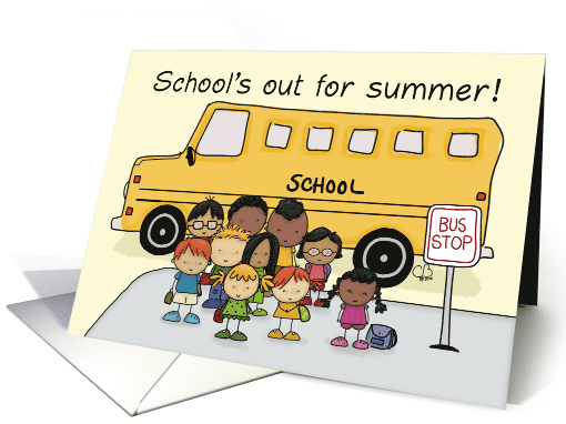 Last Day of School Summer Vacation Children and Bus at Bus Stop card