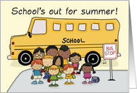 Last Day of School Summer Vacation Children and Bus at Bus Stop card