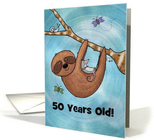 Humorous Customizable Happy 50th Birthday Sloth Hammock card (1528954)