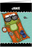 Customizable Name Hoppy Birthday for Jake Frog on Pool Float card