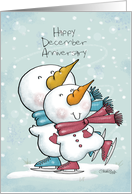 Customized Month Happy December Anniversary Ice Skating Snowman Couple card