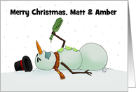 Customized Merry Christmas for Matt and Amber Snowman Frozen Margarita card