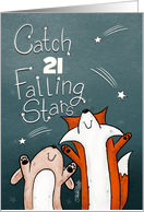 Customizable Age Happy 21st Birthday Fox Bunny Catch Falling Stars card