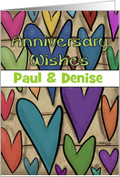 Customizable Happy Anniversary Paul and Denise Colorful Heart Pattern card