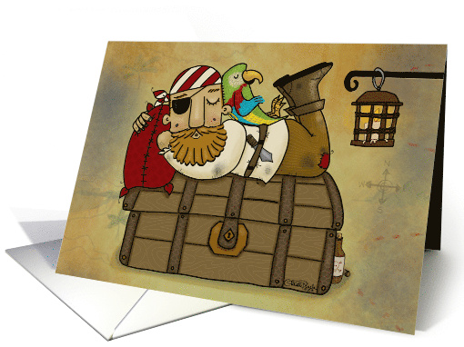 Happy Birthday Matey Sleeping Pirate and Parrot on Treasure Chest card