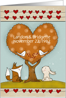 Customizable Date Happy Anniversary Fox Bunny at Autumn Heart Tree card