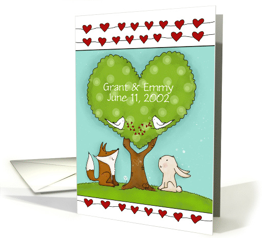 Customizable Date Happy Anniversary Fox Bunny at Green Heart Tree card