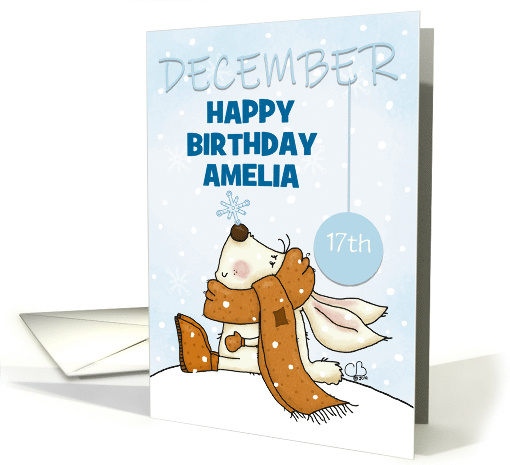 Customizable Happy December 17th Birthday Bunny and Snowflake card