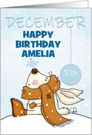 Customizable Happy December 17th Birthday Bunny and Snowflake card