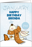 Customizable Happy January 21st Birthday Brenda Bunny and Snowflake card