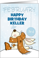 Customizable Happy February 3rd Birthday Keller Bunny and Snowflake card