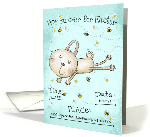Customizable Easter Invitation Bunny Hop Rabbit Daisies and Bees card