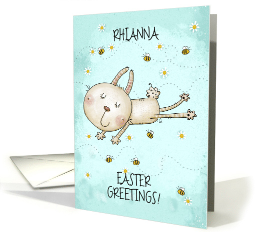 Customizable Name Happy Easter Rhianna Bunny Hop Bees and Daisies card
