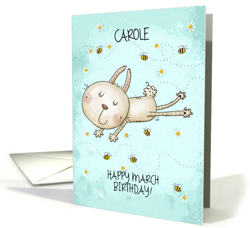 Customizable Name Happy March Birthday Bunny Hop Bees and Daisies card