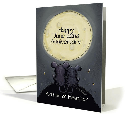 Customizable Happy Anniversary Name Date Mice Gaze at Moon card