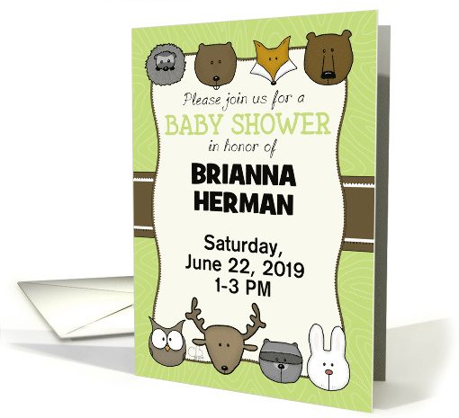 Customizable Woodland Theme Baby Shower Invitation Animal Faces card