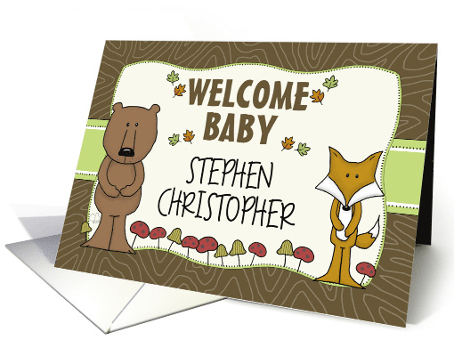 Congratulations Customizable Name Welcome Baby Bear and Fox card